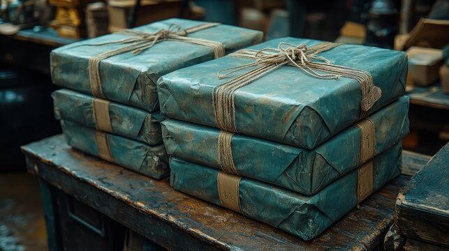 Stacks of Vintage Teal Wrapped Packages, Rustic Wooden Table