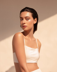 Obraz premium Beauty portrait of woman with glowing skin on beige background..