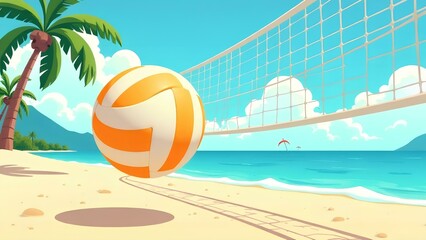 Beach volleyball flying into the net