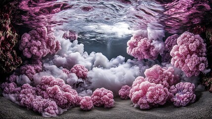 Underwater coral formations, a breathtaking display of pink and white.