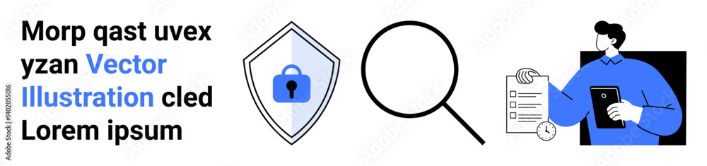 Poster shield with lock for data security, magnifying glass for analysis, professional with documents for o