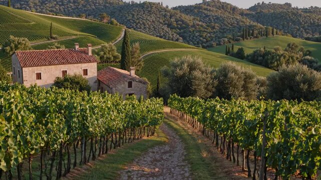Aerial view of a rustic villa amidst lush vineyards and rolling hills, capturing a serene landscape perfect for a travel video backdrop.