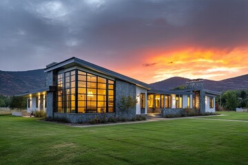 A modern ranch-style home with gray stone accents and large glass windows, located on the left side of an expansive lawn