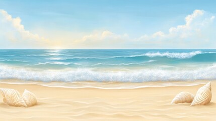 Obraz premium Seashells by the seashore, serene painting of beach treasures and ocean waves
