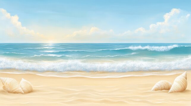 Seashells by the seashore, serene painting of beach treasures and ocean waves