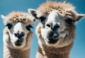 Obraz premium american background alpacas two sky camelid blue south funny smile exotic andes group fun snow head animal joke closeup face cute farm nature happy 2 chile humor comical holiday laugh winter alpaca