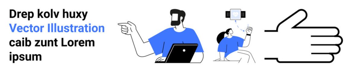 Two people engaging in content creation with a laptop and smartphone, large hand as icon. Ideal for teamwork, tech, creativity, social media, learning, design, communication flat landing page banner