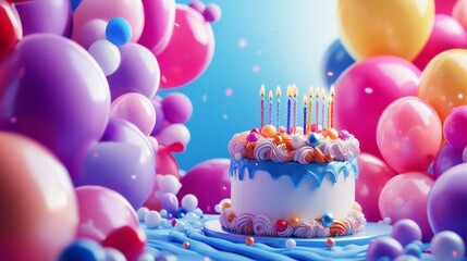 Colorful birthday party balloons background with festive celebration cake topped with lit candles, vibrant party atmosphere for celebration themes, kids’ events, and joyful occasions