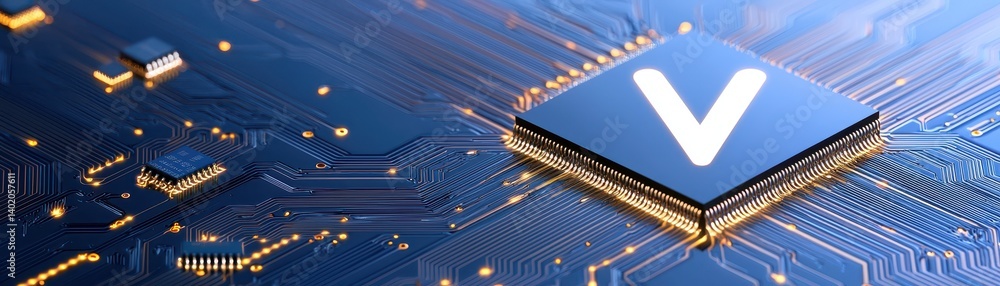 Poster virtual machine logo on circuit board, glimpse into modern computing technology