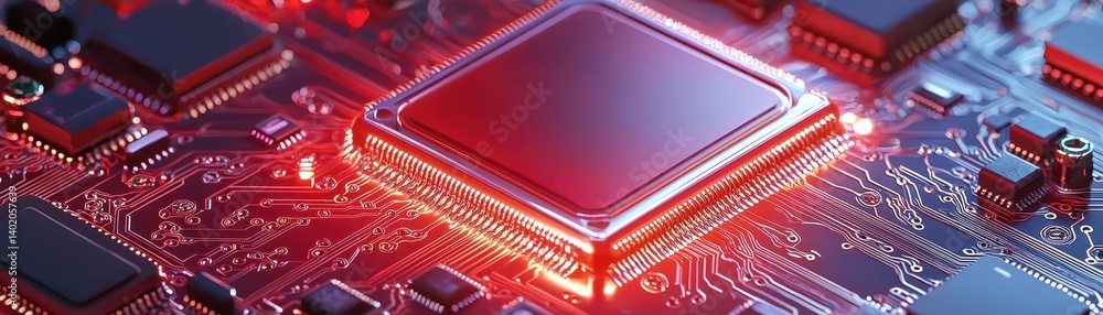 Poster illuminated circuitry, red light shines through a computer chip's complex design