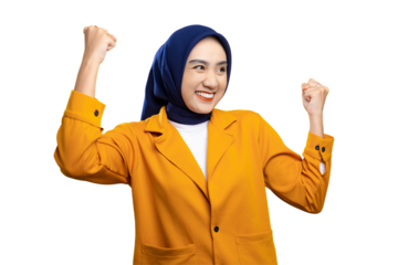 Excited young Asian woman making yes gesture, celebrating success, clenching fists isolated on transparent background