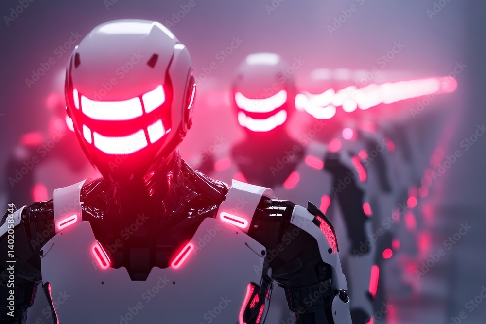 Poster robotic march of tomorrow - a line of white robots with glowing red lights symbolizes technological 