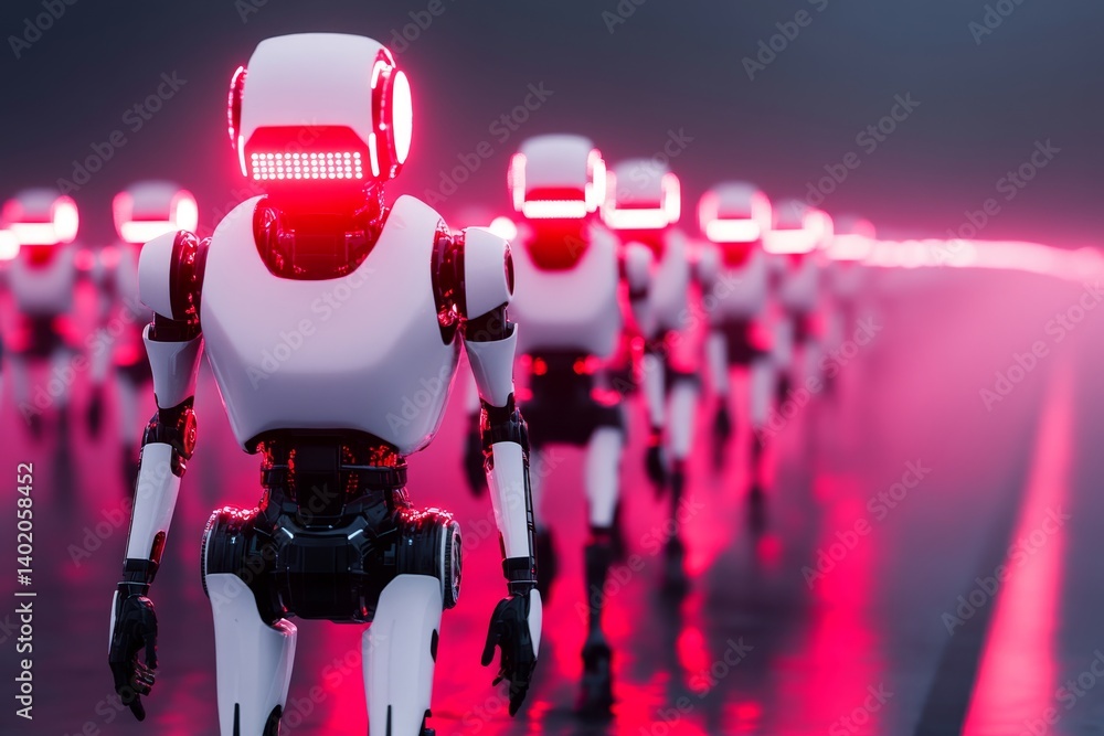Poster robotic march forward - a line of futuristic robots walks forward under red light, showcasing techno