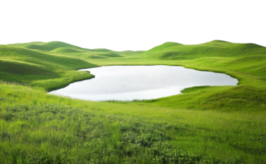 Landscape with lake surrounded with green hills, isolated on transparent background