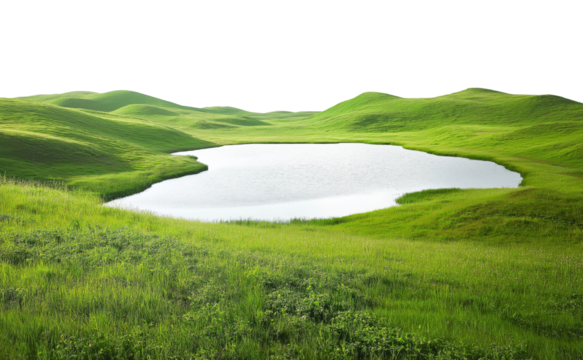 Landscape with lake surrounded with green hills, isolated on transparent background - Powered by Adobe