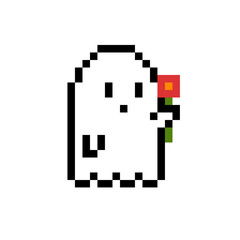 Pixel art icon of ghost with a flower cute minimal character videogame assets graphic pixelart style