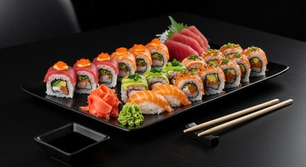 Assorted Nigiri, Sashimi, and Maki Rolls on Black Slate with Wasabi and Ginger