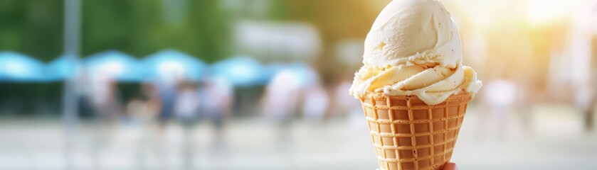 Obraz premium Cool delight, person holds ice cream cone on sunny summer day refreshing