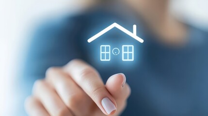 Woman holding house icon, symbolizing home ownership, security, and the american dream