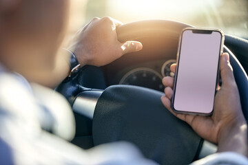 Screen, cellphone and hands of person in car for navigation, map and direction to location while driving. Driver, search and smartphone for connection, destination and route discover in vehicle