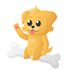 Little cute puppy dog with brown fur sit in bone with waving hand pose flat art vector design illustration cute simple style. Perfect for animal or kid asset template sticker and books cover