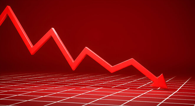 A vivid red, jagged arrow sharply descends across a matching grid, illustrating a significant downward trend or loss.
