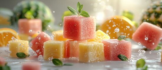 Juicy fruit cubes, splashing water, fresh mint