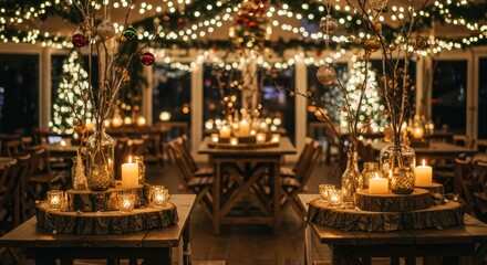 Festive Winter Wedding Reception Decor - Romantic and enchanting wedding reception tablescape with candles, rustic wood, and warm string lights. Perfect for winter weddings