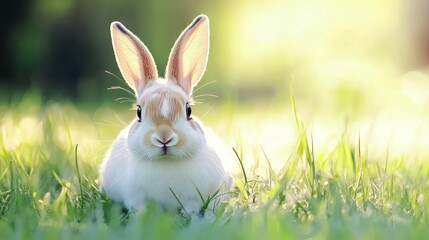 Springtime Bunny in Meadow - A cute bunny rabbit sits in a sunlit meadow, symbolizing spring, new beginnings, innocence, purity, and peace