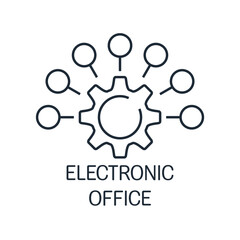 Business management, computer programs, connections. Electronic office.Vector linear icon isolated on white background.