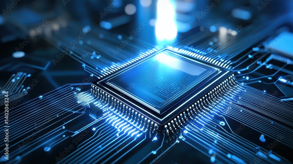 Poster intricate circuitry, detailed closeup of processor chip on circuit board closeup