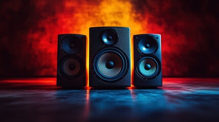 Powerful studio speakers in dramatic lighting