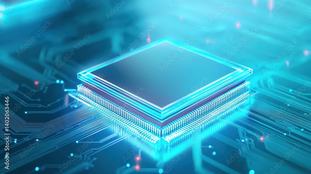 Poster intricate closeup, processor chip on circuit board showcasing complex technology