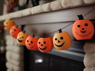 Halloween pumpkin string lights on a fireplace mantle