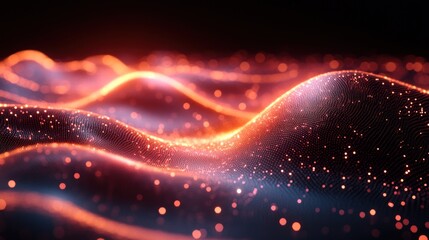 Glowing orange particles form undulating waves against a dark background