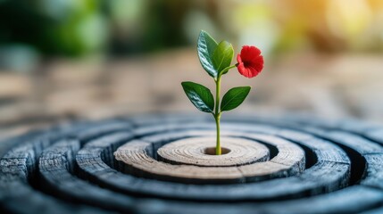 A red flower sprout on an old wood with blurred greenery background. Use this for growth, resilience, and nature's beauty concepts.
