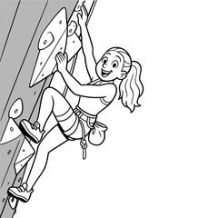 A happy young girl enjoys rock climbing on a textured wall, reaching for the next hold. Outline vector illustration.