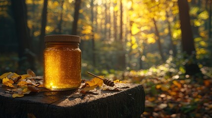 Obraz premium Golden Honey Jar in Autumn Forest Sunlight