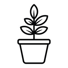 Plant Pot Line Art, Silhouette, Vector, Icon, Logo, White Background.