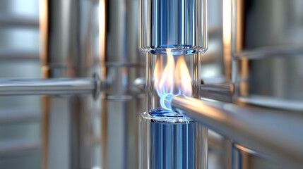 close up of biogas upgrading system with visible flame, showcasing advanced technology and clean energy innovation