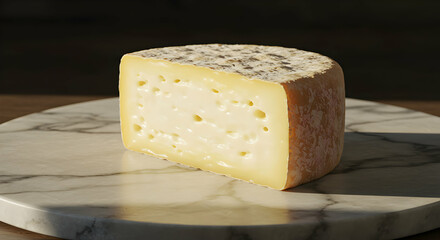Closeup Of A Slice Of Aged Cheese On Marble Platter