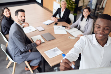 Business, people and writing in presentation meeting for project updates, strategy development and planning. Man, office building and training for financial reporting or problem solving and progress