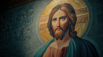 A stylized mosaic of a spiritual man with expressive eyes, robes in muted teal and saffron hues, face in three-quarter view