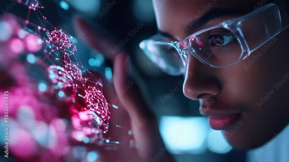 Poster young researcher analyzes data visualization with advanced technology in a modern lab environment