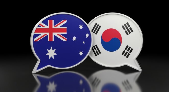 Australia and South Korea dialogue illustrated in overlapping speech bubbles