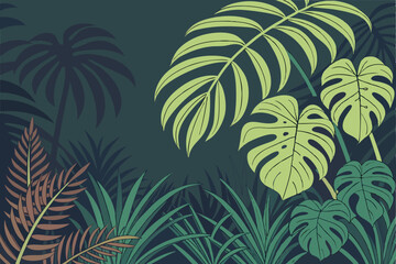 45 Lush tropical foliage, dense jungle canopy, vibrant green leaves, exotic plant varieties, philodendron, monstera, palm fronds, dark background, rich textures, botanical illustration style, high con