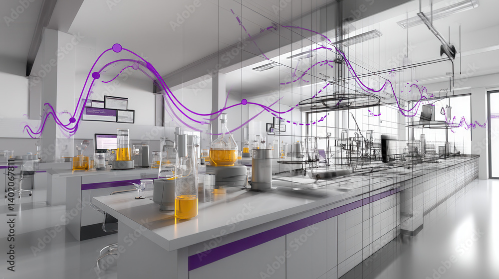 Poster modern laboratory with advanced equipment and digital data visualization, showcasing innovation and 