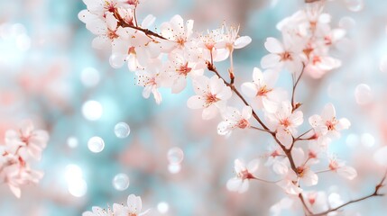 Delicate Pink Cherry Blossoms on Branch Soft Focus Pastel Background