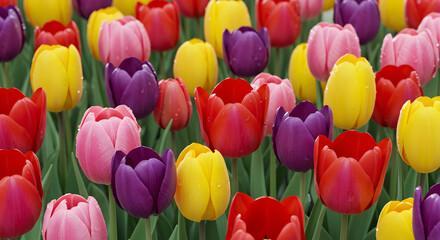 Colorful Tulip Field Background in Soft Morning Light