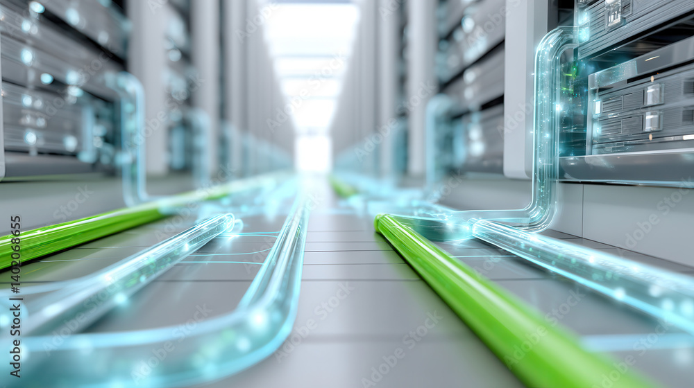 Poster futuristic data center with glowing cables and servers, showcasing advanced technology and high spee